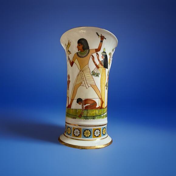 Large MOSTOROD Egyptian Porcelain Flared Vase with Gold Trim Hieroglyphic Motif - Picture 7 of 7